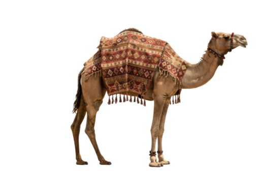 Isolated Standing Camel with Ornate Blanket