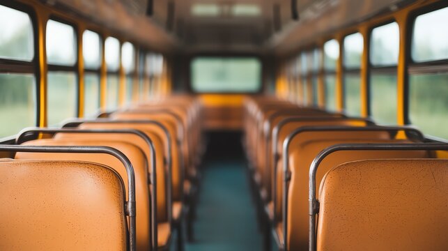 Empty school bus interior with rows of worn brown leather seats and metal rails