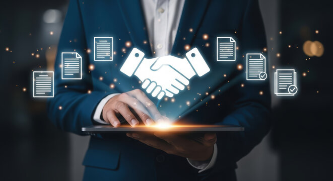A person holds a tablet with document and handshake icons, symbolizing digital agreements and partnership.