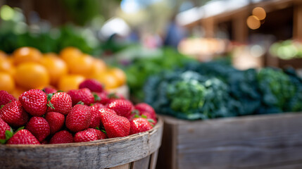 Vibrant farmers market stall overflowing with bright orange baskets of juicy oranges and plump red strawberries, rustic wooden crates stacked with fresh green leafy vegetables, sun