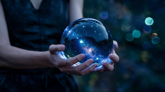 Mysterious glowing crystal ball held in hands reflecting a vibrant galaxy and distant stars with bokeh lights
