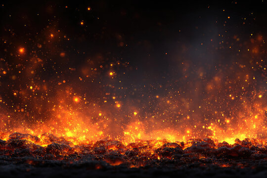 Background with fire sparks, embers and smoke. Overlay effect of burn coal, grill, hell or bonfire with flame glow, flying orange sparkles and fog on black background,