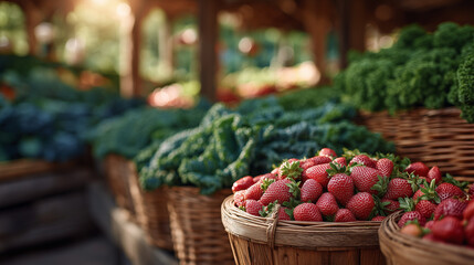 Rustic baskets heaped with freshly picked strawberries and citrus fruits, surrounded by bunches of kale and carrots, natural textures of wood and wicker, farmerâs market ambiance w