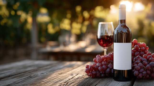 Elegant bottle of red wine with blank label resting on a weathered wooden table, clusters of ripe red grapes scattered beside it, warm natural sunlight casting soft shadows, rustic
