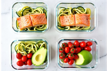 Healthy Meal Prep Flat Lay with Balanced Portions in Reusable Containers