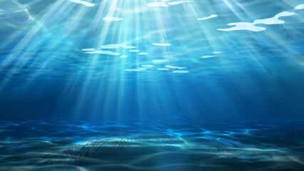 Fototapeta premium Sunlight beams pierce through the clear blue ocean surface creating shimmering light patterns on the sandy seabed below