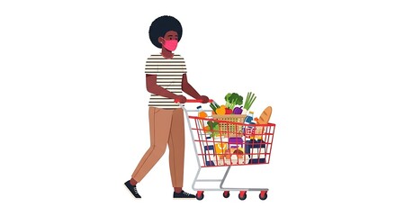 Person Pushing Shopping Cart Full of Groceries Wearing Mask