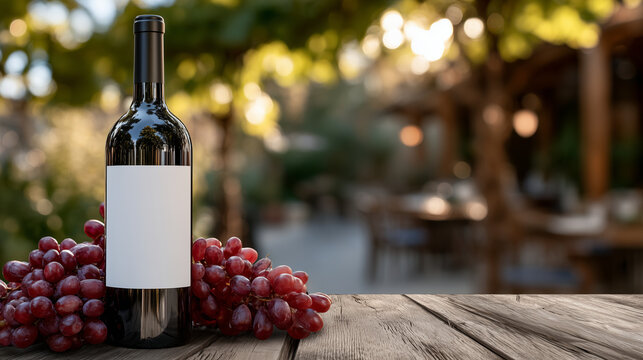 Elegant bottle of red wine with blank label resting on a weathered wooden table, clusters of ripe red grapes scattered beside it, warm natural sunlight casting soft shadows, rustic - Powered by Adobe
