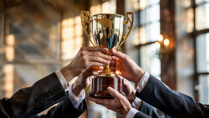 Multiple hands in business suits collaboratively holding up a golden trophy symbolizing shared success and achievement