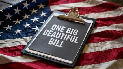 Fototapete Fotos A clipboard with the words one big beautiful bill rests on the american flag symbolizing legislation and national policy  © Design Stock