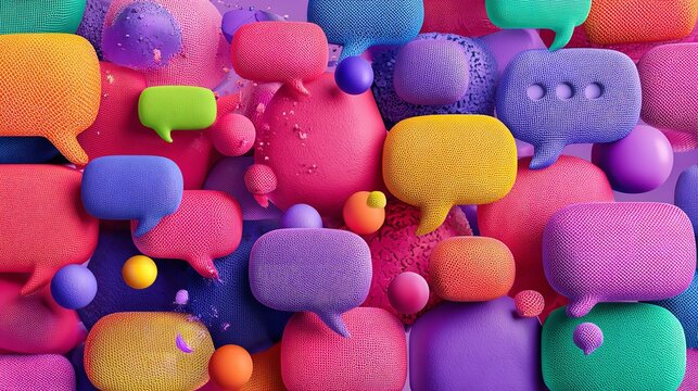 Vibrant communication bubbles in a colorful, dynamic, modern, textured render representing dialogue, discussion, social media, and feedback networks.