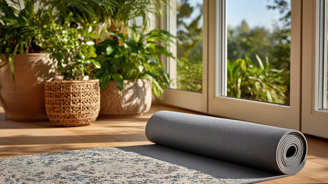 Sun-drenched room shows rolled grey yoga mat positioned near large window, shadows of tropical plants falling on warm wooden floor, open uncluttered space promotes calm and focus f