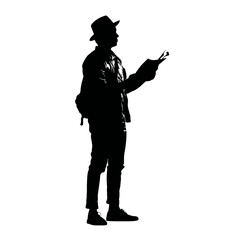  Tourist Holding a Map and Looking Around Silhouette on White Background
