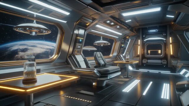 Futuristic space tourism departure lounge in orbit, featuring floating zero-gravity lounge