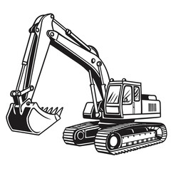 Black excavator with long arm and bucket digger construction