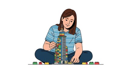 Building Toy Structure Woman Focused on Assembling Blocks