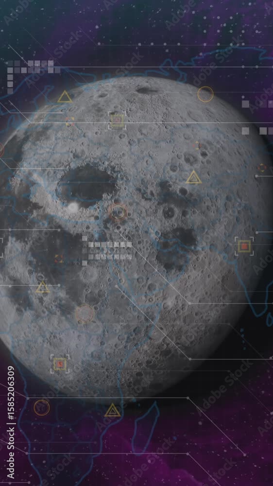 Poster animation of circuit board pattern over geometric shapes on map against globe