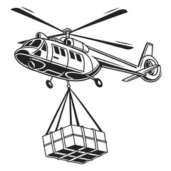 Black and white illustration of a cargo helicopter lifting a suspended load