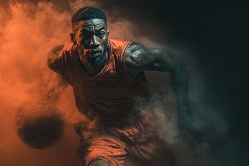 Focused african american basketball player dribbling with intensity in smoky atmosphere