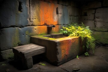 Vintage Stone Fountain with Vibrant Colors and Lush Ferns