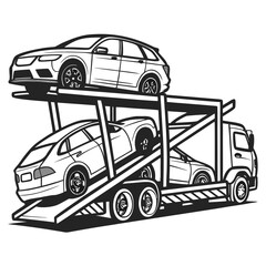 Black and white illustration of a car carrier trailer transporting vehicles