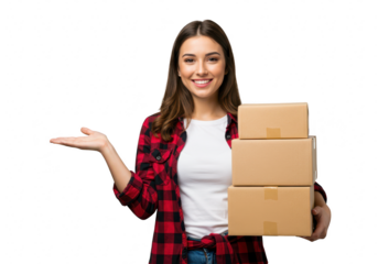 A cheerful young woman holds a stack of cardboard boxes, presenting them with a friendly smile, isolated on white isolated on transparent background