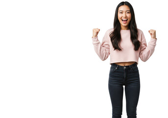 Obraz premium A young asian woman celebrates her success with clenched fists raised in excitement, isolated on a transparent background