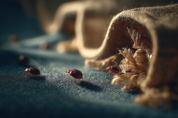 Bedroom Intrusion: Bed Bugs Crawling on a Dark Blue Mattress