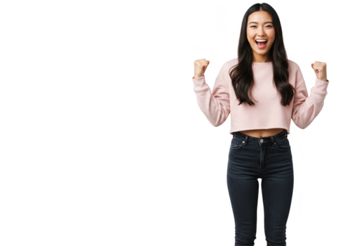 A young asian woman celebrates her success with clenched fists raised in excitement, isolated on a transparent background