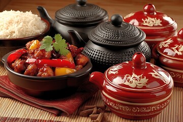 Aromatic Asian Cuisine with Traditional Teapots and Rice