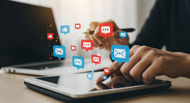 Hands using tablet and laptop for social media marketing communication