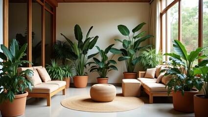 A tranquil indoor seating area with lush greenery.