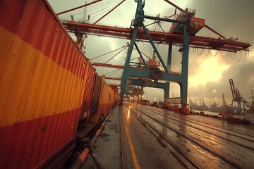 Industrial Port Scene with Cranes and Shipping Containers at Dusk