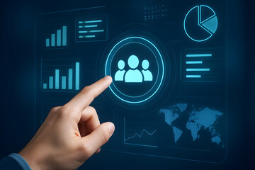 Finger touching a digital screen with team icon and data charts