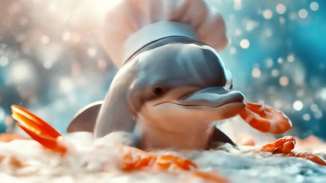A chef dolphin wearing a toque playfully eats a shrimp, surrounded by a school of shrimp, in this cute and funny scene that will make you smile.