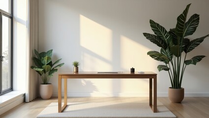 Wooden desk with houseplants in a bright room.