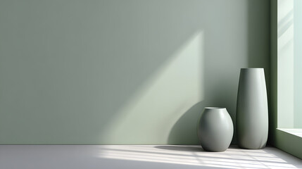 Minimalist interior design featuring two elegant vases against a soft green wall, with natural light casting gentle shadows, creating a serene and calming atmosphere