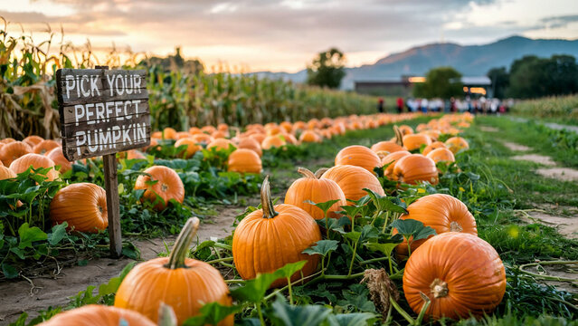 Autumn harvest pumpkin patch with a sign inviting visitors to pick their perfect pumpkin at sunset