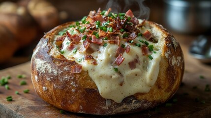 Sourdough Boule filled to the brim with steamy clam chowder and coated in toasted gruyere cheese 