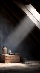 Rustic wooden crate with pottery and jars illuminated by soft sunlight streaming through an attic window, creating a serene and nostalgic atmosphere in the space