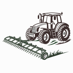 Dark brown tractor pulling green harrow on grass farming agriculture
