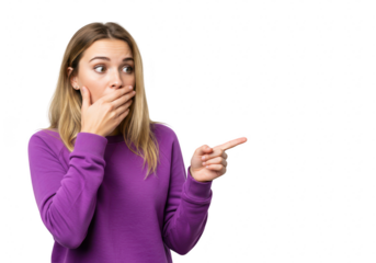 A young woman with blonde hair covers her mouth in surprise and points to the side, her eyes wide with astonishment, wearing a purple sweater, isolated on a transparent background