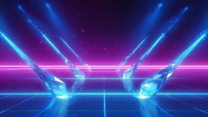 Neon futuristic landscape with glowing crystals and blue rays  