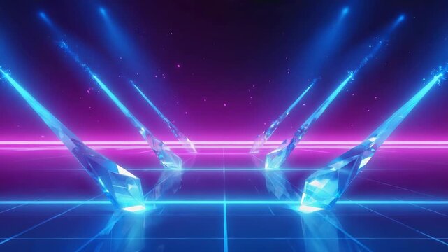 Neon futuristic landscape with glowing crystals and blue rays  