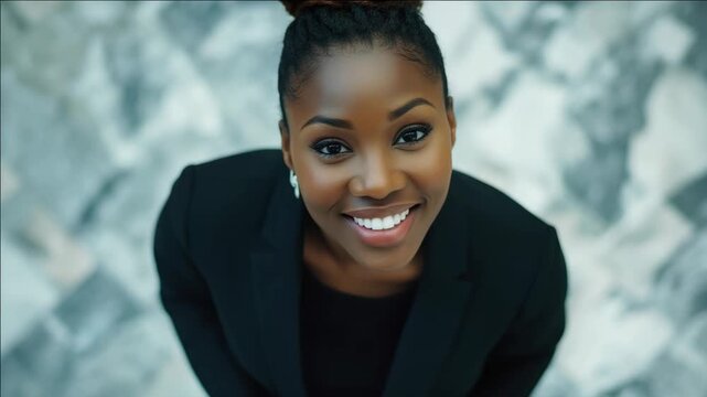 A woman dressed in a business suit, with a friendly and approachable expression.