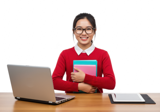 A smiling asian student in glasses holds books at her desk with a laptop and tablet isolated on transparent background