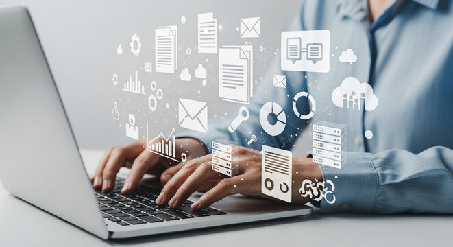 Businesswoman working on laptop with data analysis and cloud computing