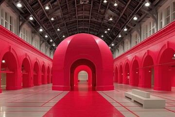 Vibrant Red Interior with Arched Architecture and a Dominant Dome