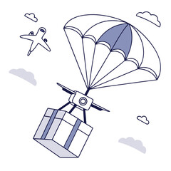 Drone delivering package via parachute with airplane and clouds