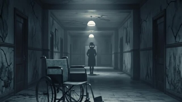 Creepy hallway with a wheelchair and ghostly figure in a haunted asylum setting